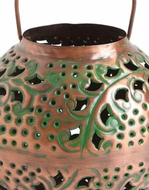 Antique Copper Iron Lantern With Handle In Green Patina Finish (Dia - 8in, H - 7.5in) -  Free Size, Metal, Antique, Pack of 1
